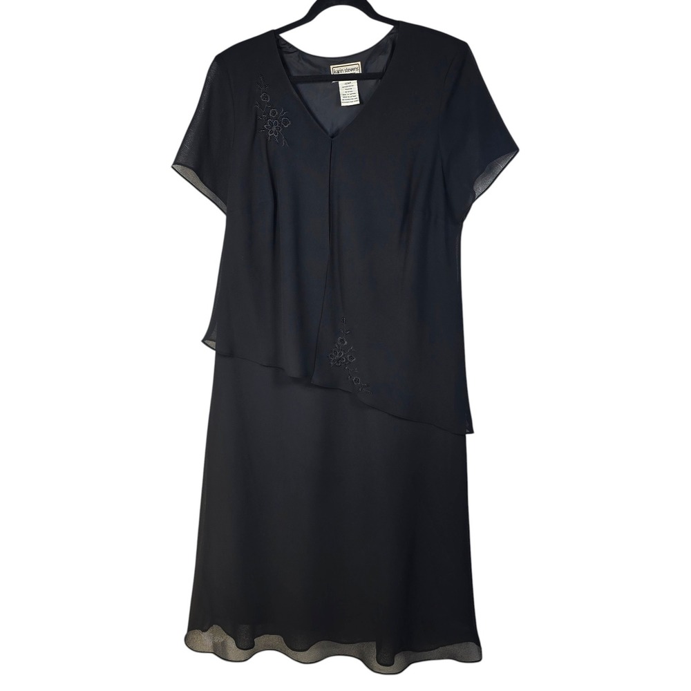 VTG Karin Stevens Black Layered Chiffon Midi Dress Embroidered 22WP Plus Petite